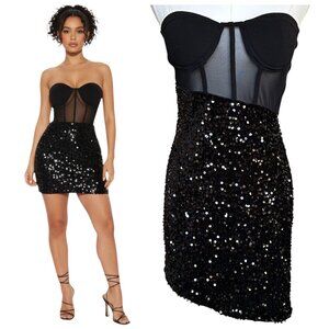 Fashion Nova Sequin Mini Dress Black Strapless Mesh Corset M